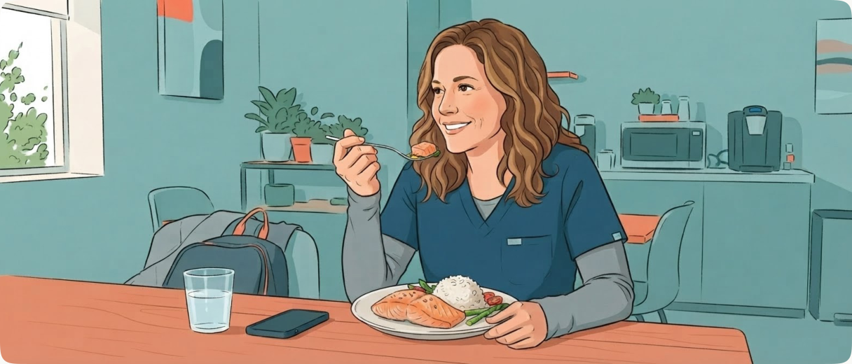 A clinician eats a meal in a hospital staff break room.