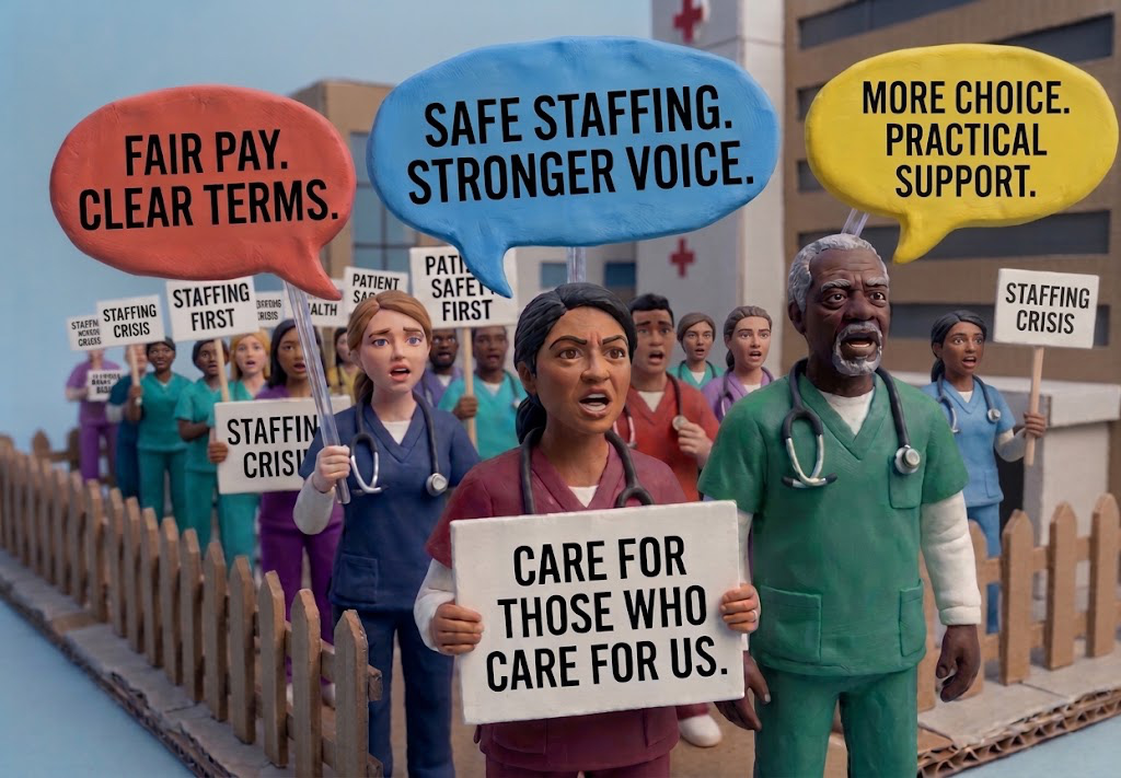 An illustrated group of nurses standing together in front of a hospital, with signs calling for fair pay, safe staffing, more choice and practical support.